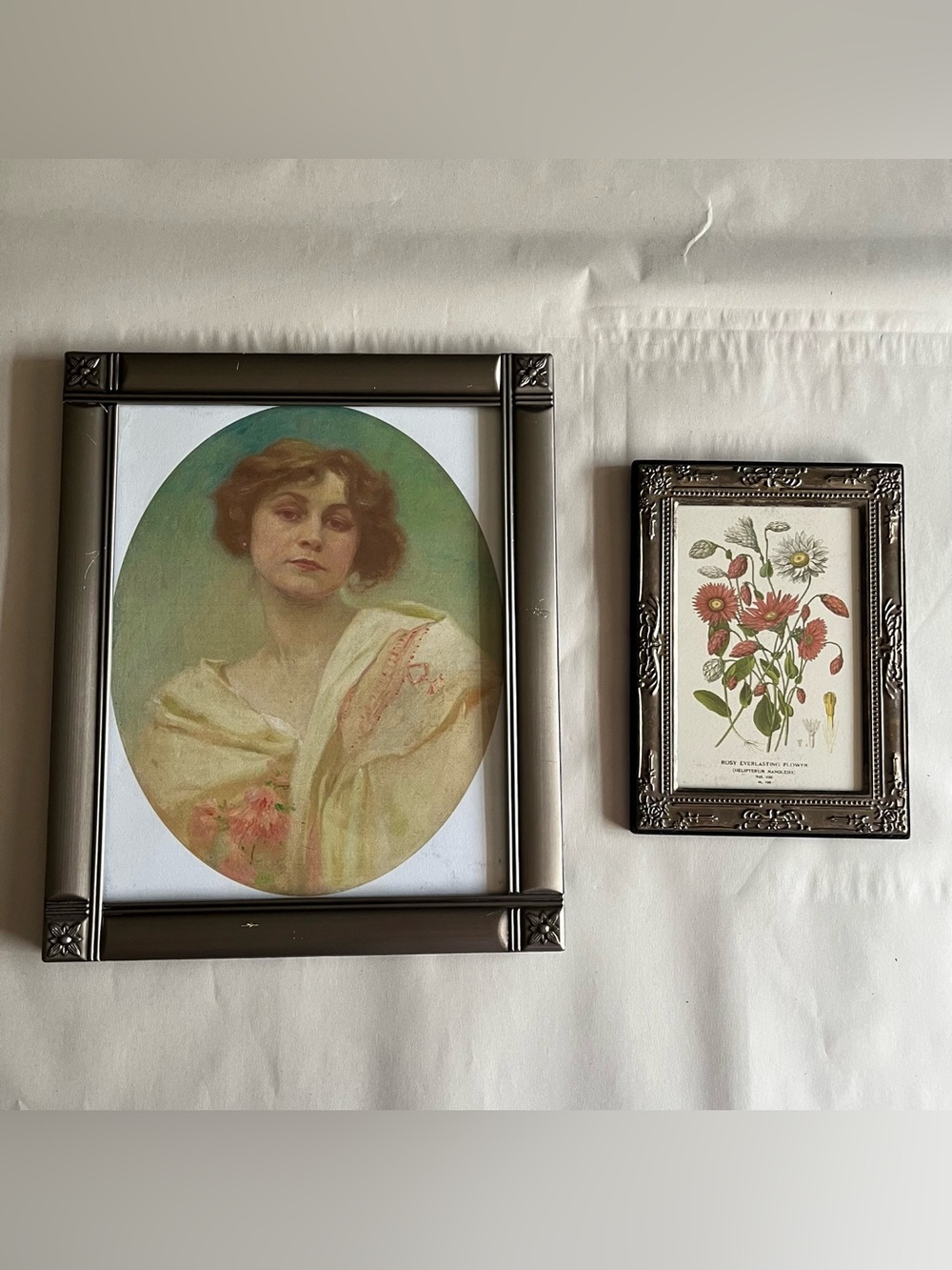 Vintage Silver Tone Picture Photo Frames w/ Fine Art Prints-Set of 2